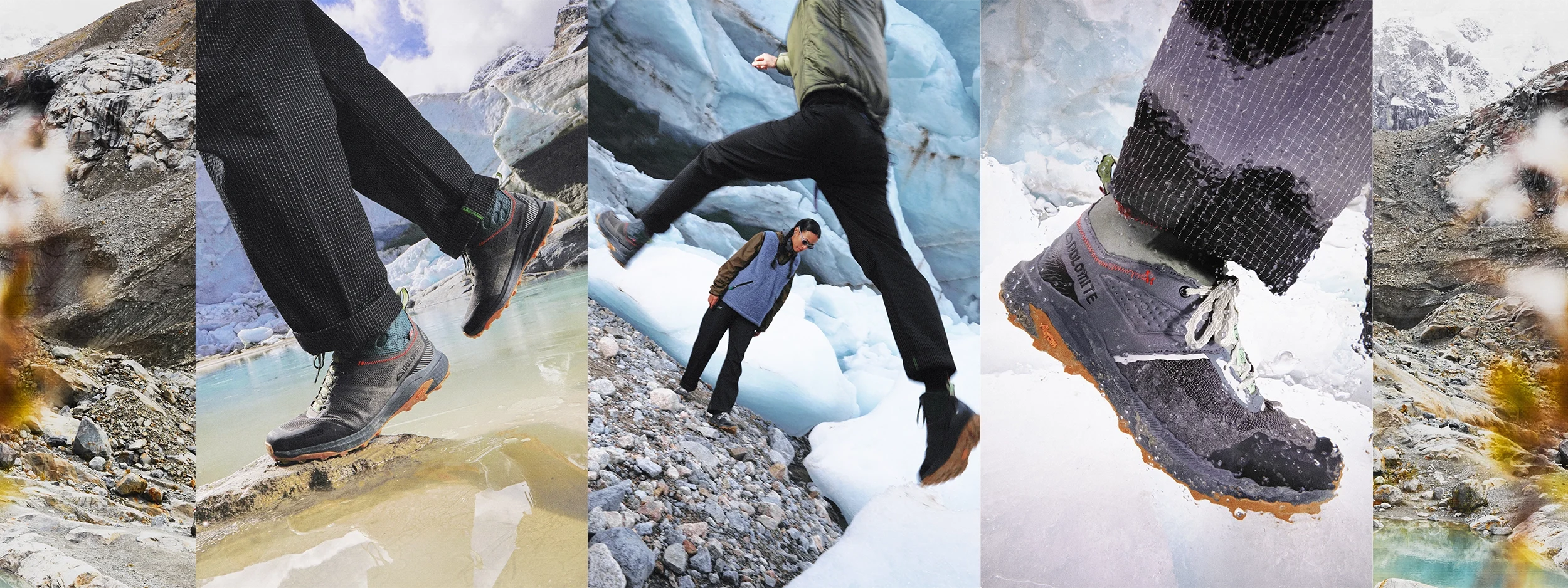 A moodboard collage showing details of the Saxifraga 2.0 collection, including glacier and product shots.